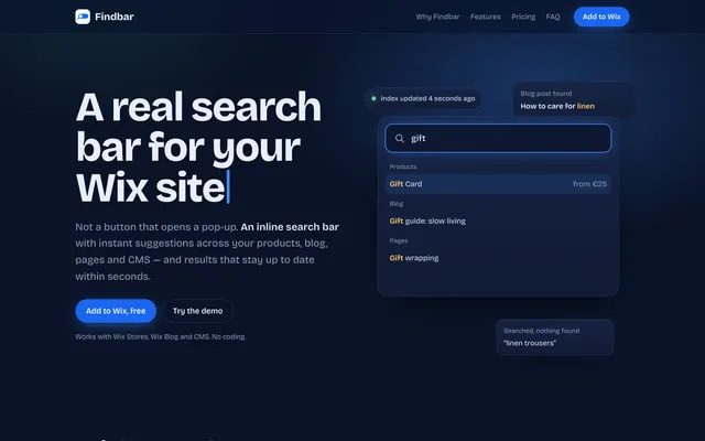 Findbar homepage: a real search bar for your Wix site