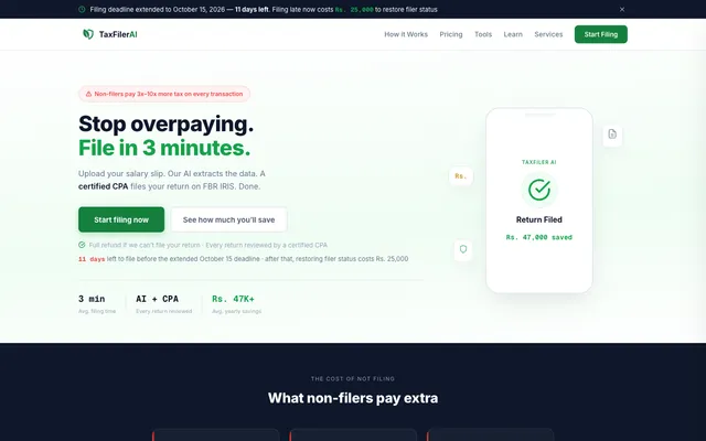 TaxFiler AI homepage: file Pakistani taxes in three minutes